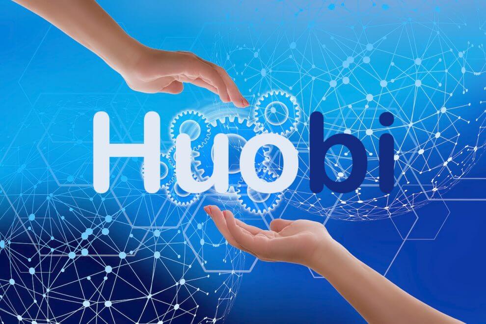 Huobi logo with two hands cupping the letters 'u' and 'o'
