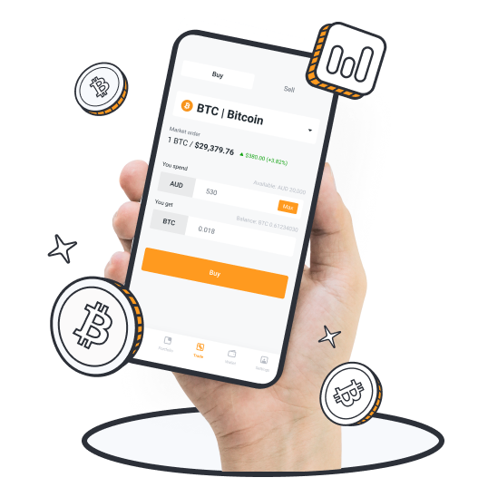 Hand holding phone with bitcoin.com.au app