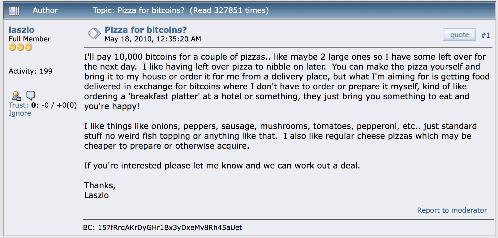A screenshot of the original Bitcoin Pizza reddit post 