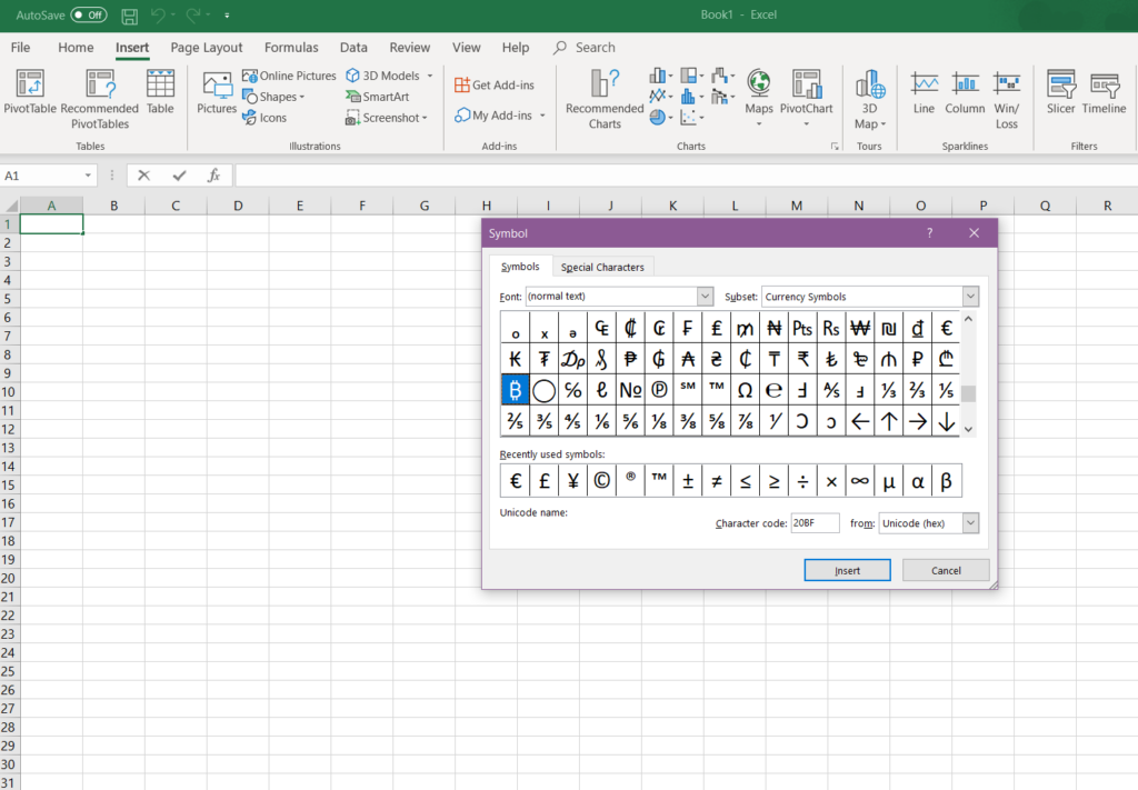 Screenshot - Bitcoin symbol in the latest version of Excel