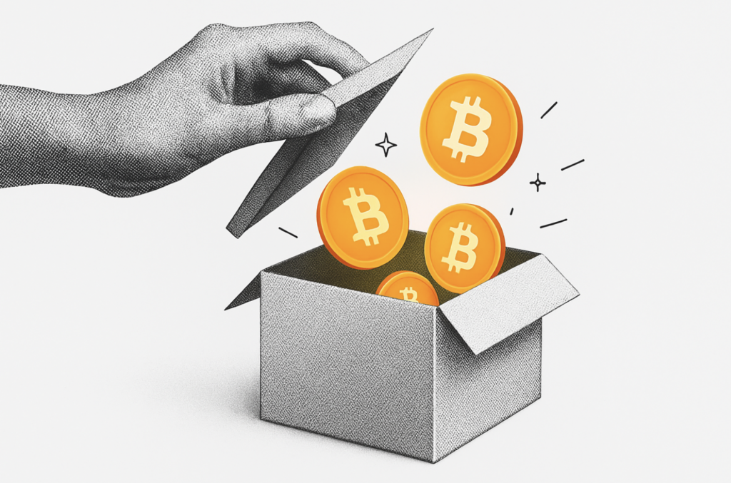 A grayscale hand lifts the lid of a textured box as glowing orange Bitcoin coins emerge from inside. The image symbolises unlocking crypto value, and is themed to represent the concept of how to buy Bitcoin with an SMSF. Clean, minimalist design with a playful reveal moment.