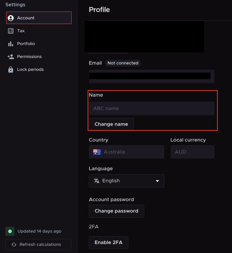 Crypto Tax Calculator "Profile" settings page under the "Account" tab. The left sidebar menu includes options such as Account, Tax, Portfolio, Permissions, and Lock periods. On the right, the main profile section displays editable fields for email, name, country, local currency, language, password, and 2FA. The "Name" field is highlighted with a "Change name" button below it.