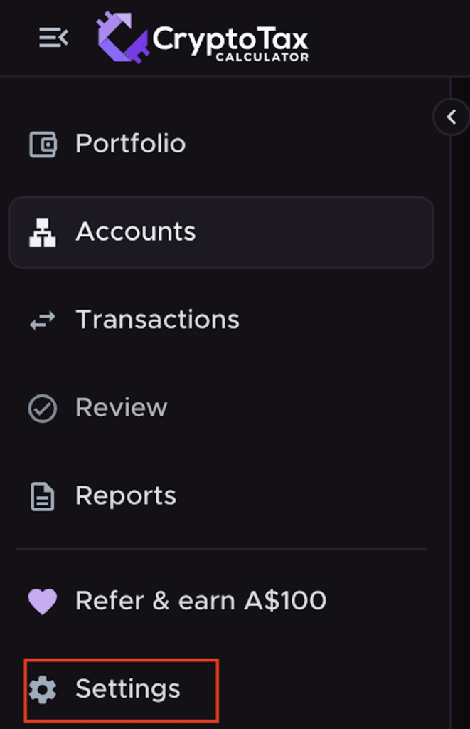 Crypto Tax Calculator sidebar menu, showing navigation options including Portfolio, Accounts, Transactions, Review, Reports, and a highlighted “Settings” button at the bottom. The “Refer & earn A$100” promotion is also visible above the Settings option.