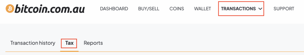 bitcoin.com.au website interface with the “TRANSACTIONS” dropdown menu highlighted in the top navigation bar. Below, the “Tax” tab is selected within the “Transactions” section, positioned between “Transaction history” and “Reports.” The site’s logo is visible in the top left corner.