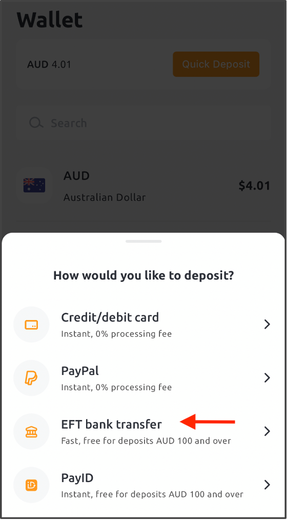 EFT bank transfer is the option under PayPal. It's fast and free for deposits under AUD 100.