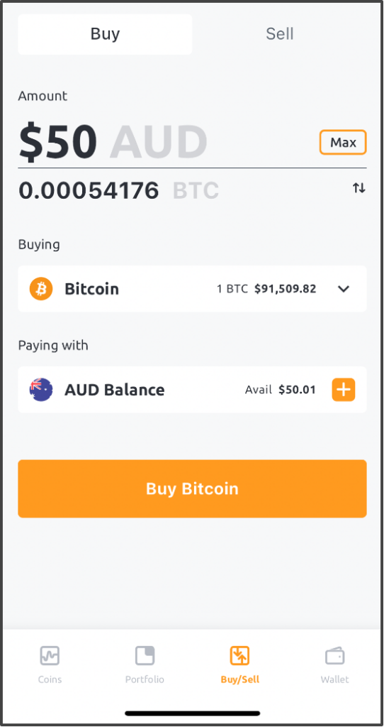 bitcoin.com.au account screen showing a $50 deposit to buy Bitcoin