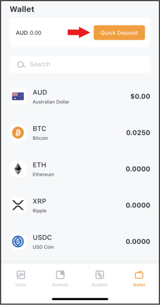 The Quick Deposit button is at the top of the Wallet section