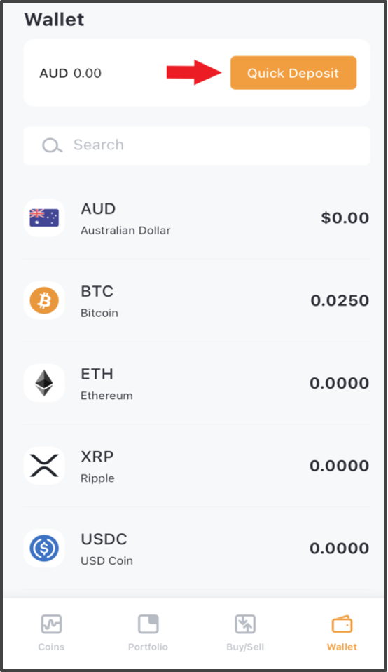 The Quick Deposit button is at the top of the Wallet section