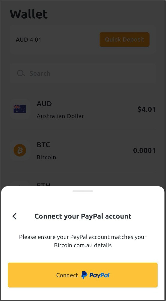 Please ensure your PayPal account matches your bitcoin.com.au details