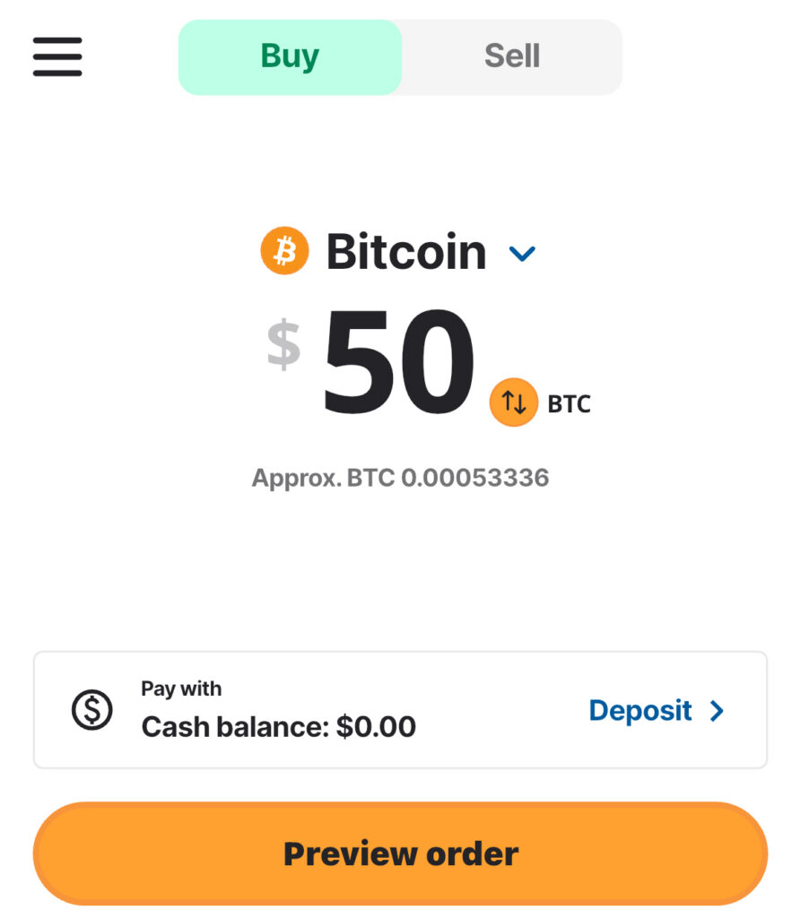 bitcoin.com.au app showing Bitcoin purchase