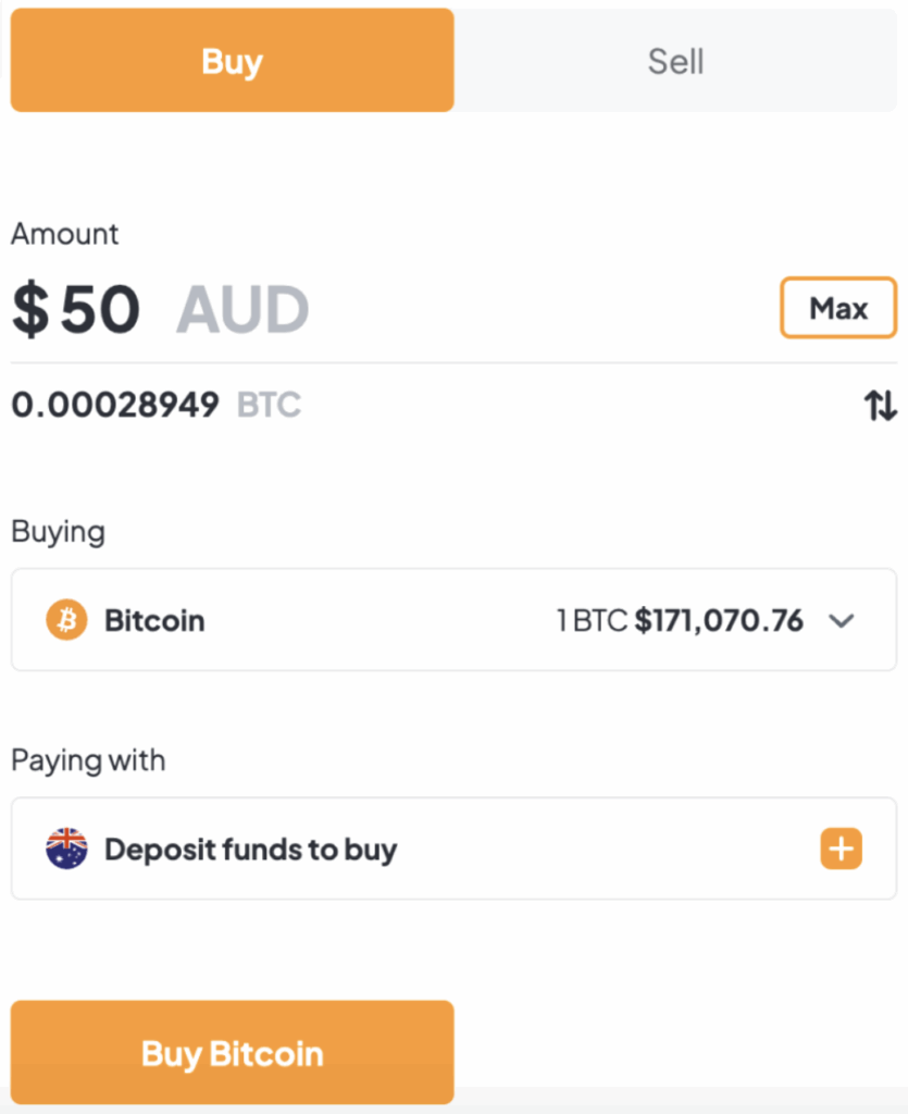 bitcoin.com.au rading interface showing a $50 AUD Bitcoin purchase. The user is buying 0.00028949 BTC at a rate of $171,070.76 per Bitcoin, with funds deposited from a UBank account.