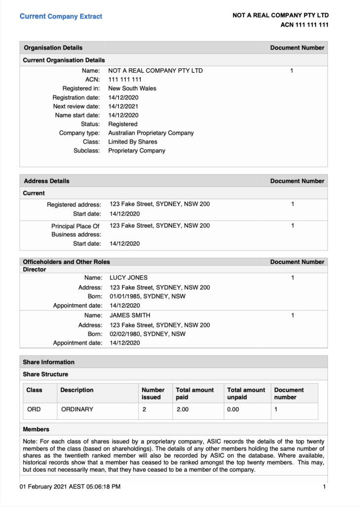 ASIC extract contains company details including address, office holders, registration and shareholder information.