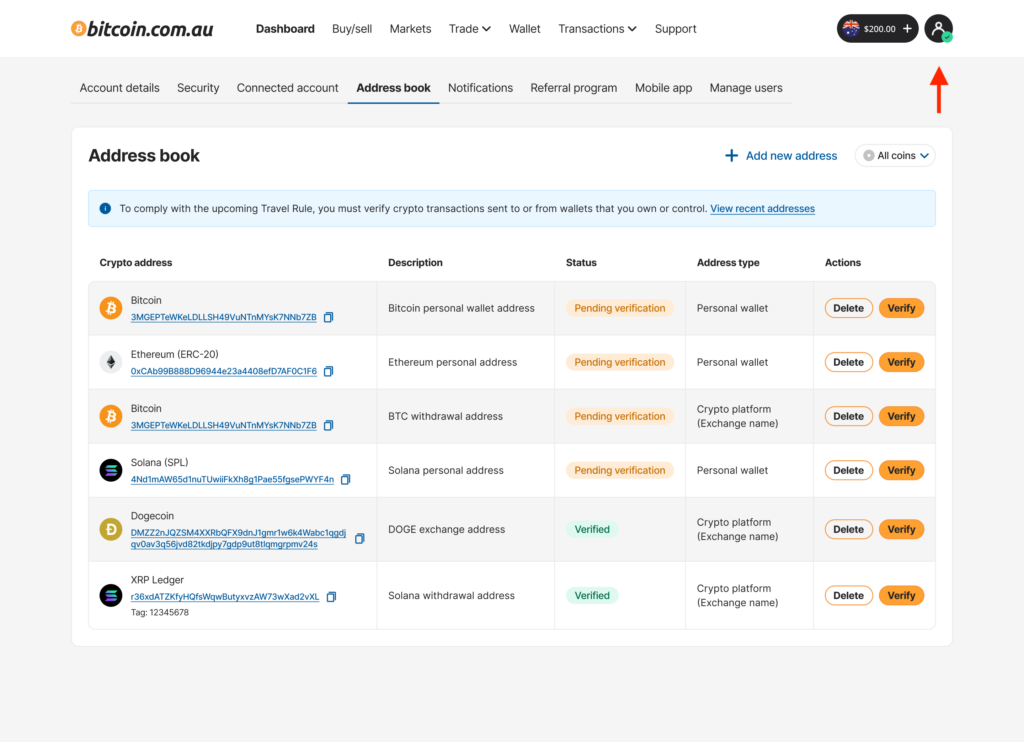 bitcoin.com.au Address book screenshoot
