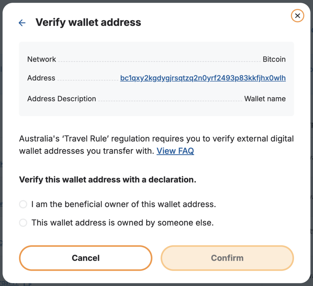 bitcoin.com.au confirm wallet address ownership screenshot