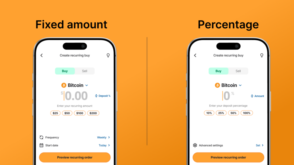 How to set up a recurring buy on mobile with either fixed amount or percentage method.