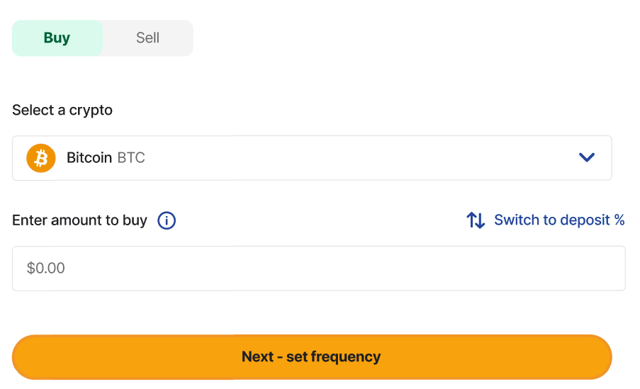 A buy order setup screen showing options to select a cryptocurrency (Bitcoin BTC is selected), enter the purchase amount, and proceed by clicking the orange button labelled “Next – set frequency.” A toggle allows switching to deposit percentage mode.