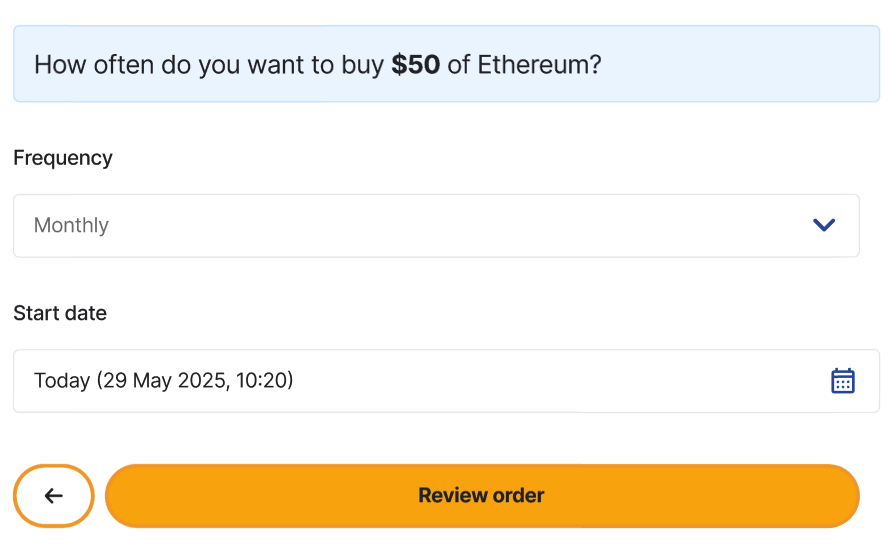 A setup screen for a recurring crypto purchase showing the option to buy $50 of Ethereum monthly, starting 29 May 2025. The orange button at the bottom reads “Review order.”