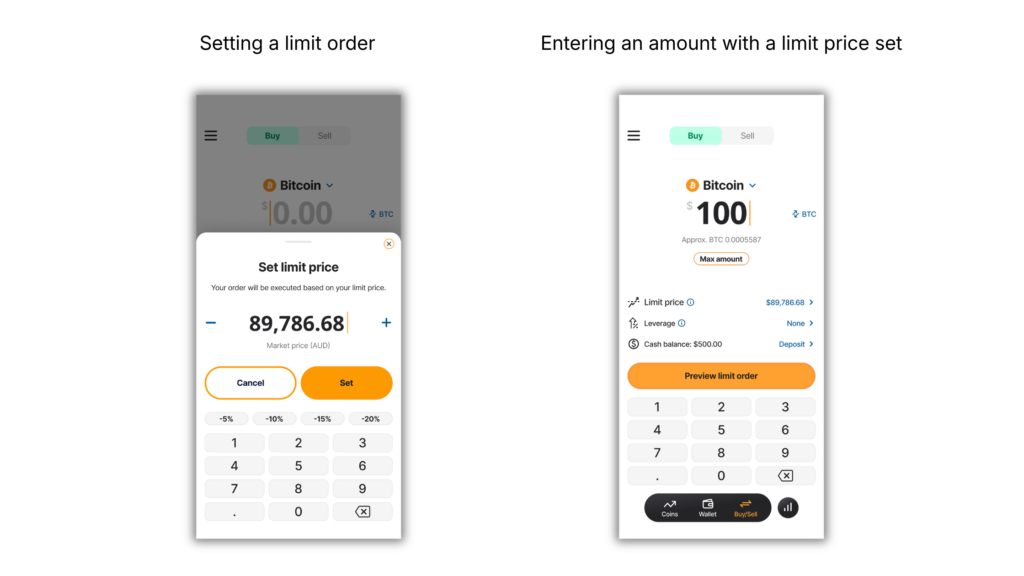 BC mobile app screenshot featuring limit orders