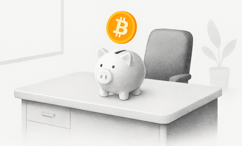 Illustration of Bitcoin dollar cost averaging (DCA), showing a Bitcoin coin being saved into a piggy bank — representing steady BTC accumulation over time.