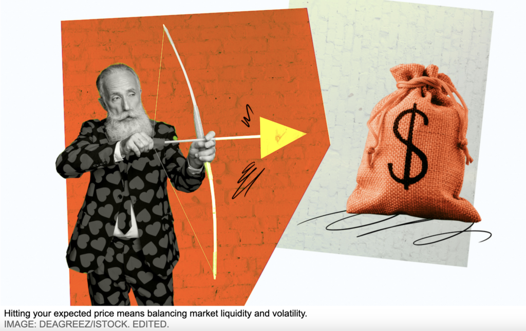 An older man in a suit with heart patterns aims a bow and arrow toward an orange money bag with a dollar sign, symbolising the challenge of hitting a target price in trading. This stylised collage visually represents the concept of crypto slippage—where fast-moving markets and low liquidity can cause you to miss your expected price.