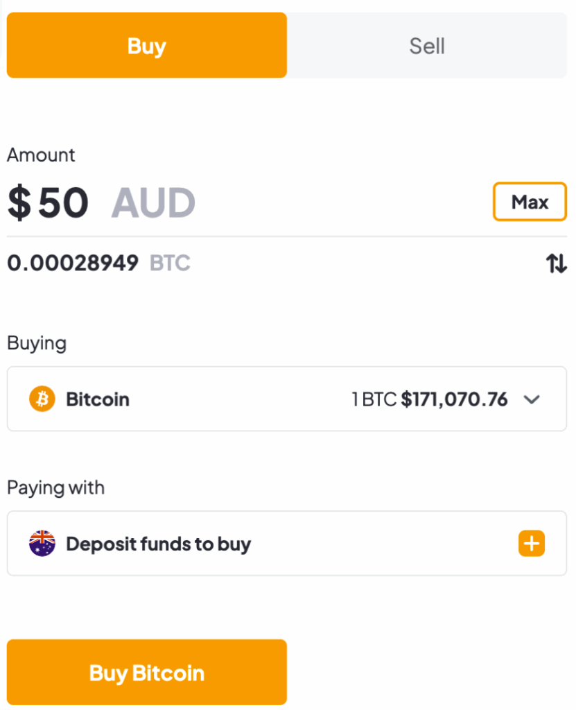 Bitcoin buying interface showing a $50 AUD purchase, converting to 0.00028949 BTC at a rate of $171,070.76 per Bitcoin. The user is paying via Australian bank deposit. This highlights how anyone can start investing in Bitcoin with small amounts — raising the question: who owns most Bitcoin?